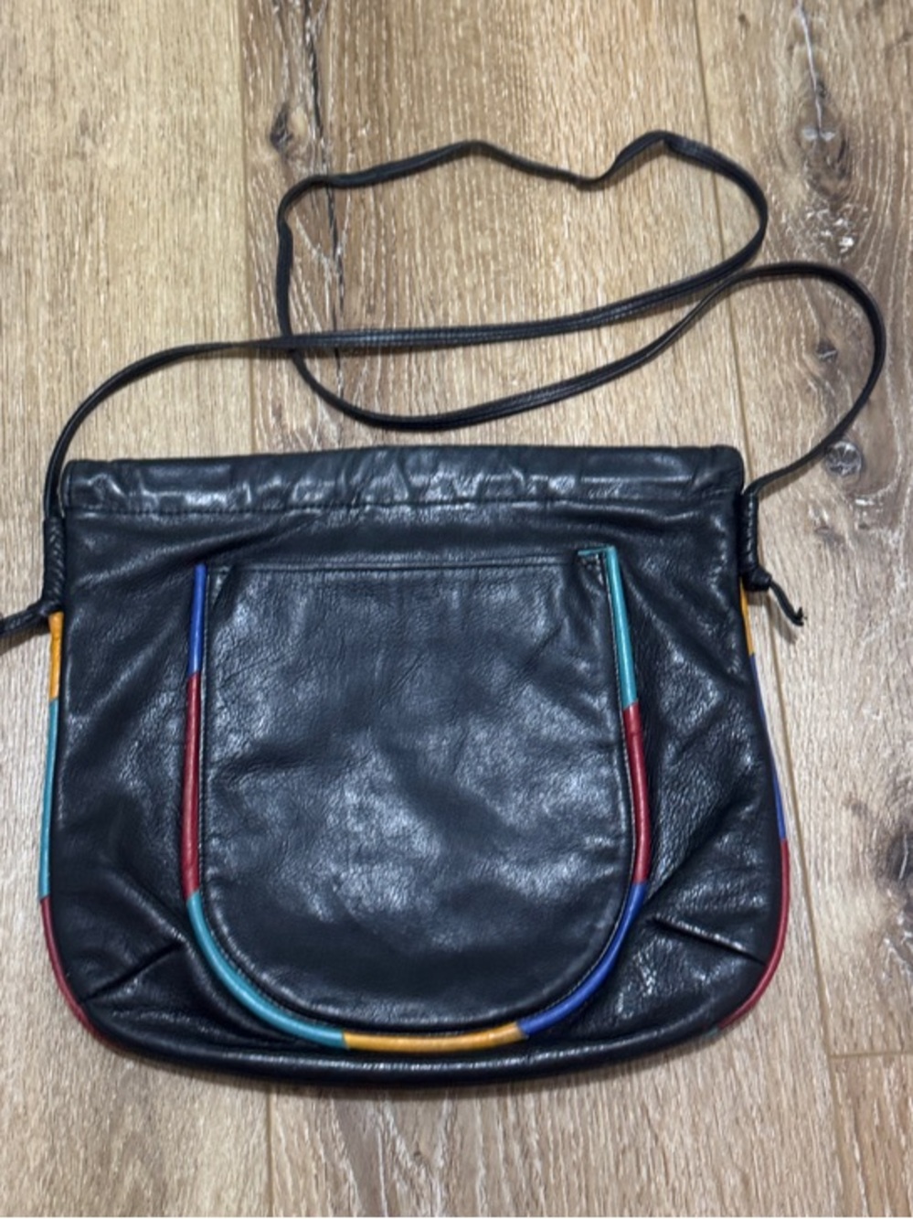 Lize Heider vintage Black Leather Crossbody Bag with Multicolor Trim